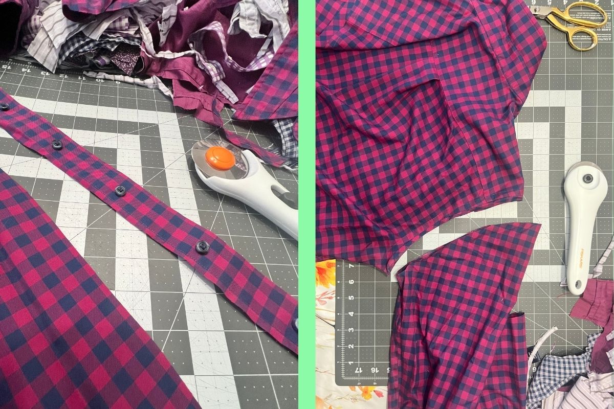 Image of shirt being trimmed of seams, buttons, and collars