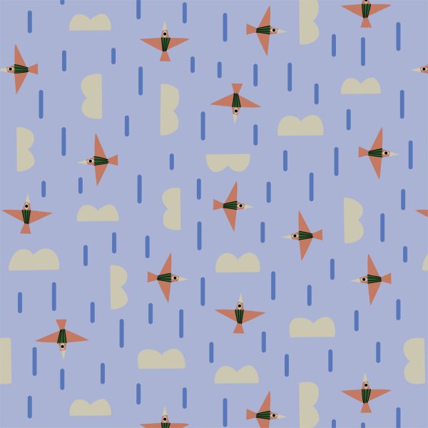 227481_1600 Periwinkle blue fabric with coral and black birds, cream clouds, and vertical rain lines from the Hidden Thicket collection by Leah Duncan for Cloud9 Fabrics