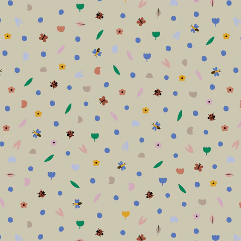 227485_1600_large Neutral tan fabric with tiny bugs, flowers, and leaves scattered across blue dots from the Hidden Thicket collection by Leah Duncan for Cloud9 Fabrics