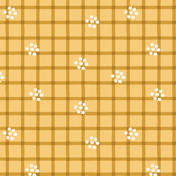 227651 Golden yellow plaid fabric with scattered clusters of small white daisy flowers from the Woodland Creatures collection by Dominika Godette for Cloud9 Fab