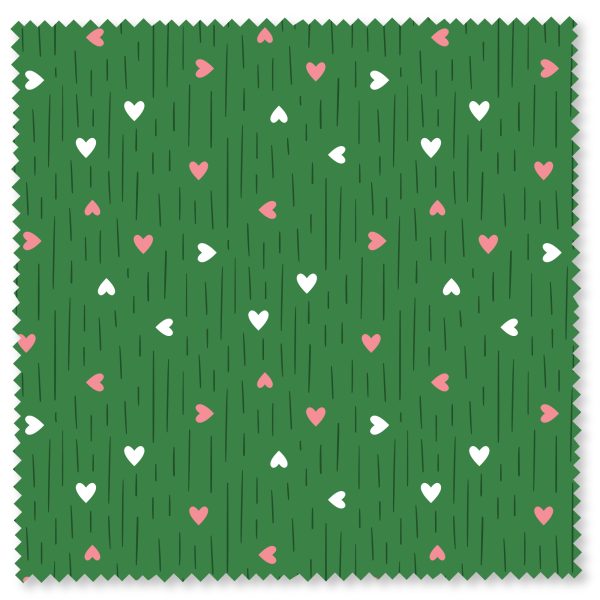 610292 Green fabric with scattered white and blush pink hearts and black hand-drawn texture lines from the Sisters collection by Helena Nilsson for Cloud9 Fabrics